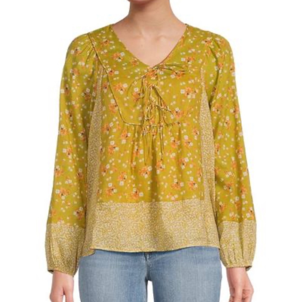 Daniel Rainn Puff Sleeve Blouse Mustard Yellow Floral Boho Casual Size XXL